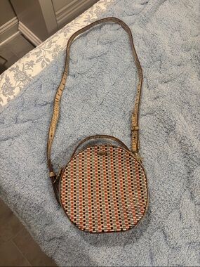 Brahmin Round Multicolor Woven Crossbody with Brown Trim